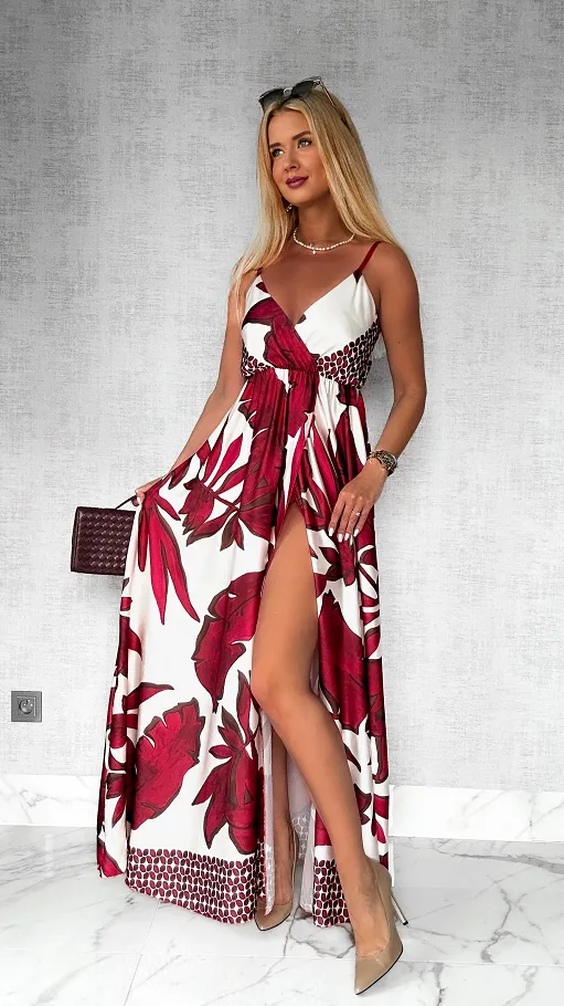 MAXI sukienka w bordowe kwiaty z pięknym rozcięciem ONE SIZE - P778