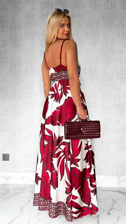 MAXI sukienka w bordowe kwiaty z pięknym rozcięciem ONE SIZE - P778