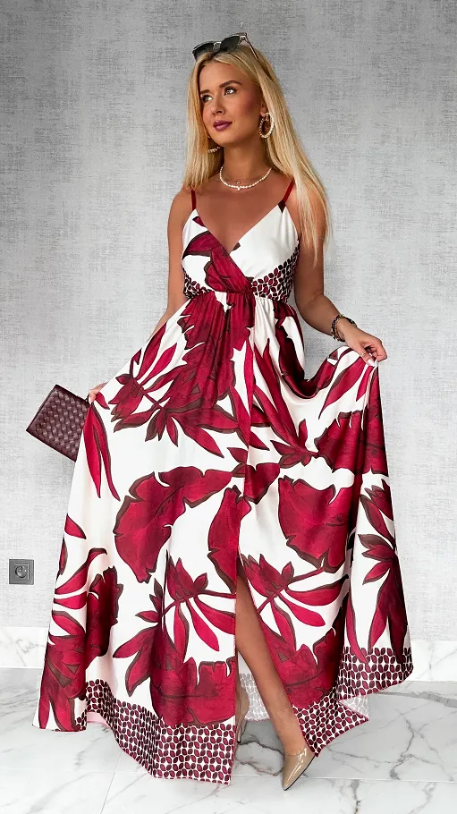 MAXI sukienka w bordowe kwiaty z pięknym rozcięciem ONE SIZE - P778