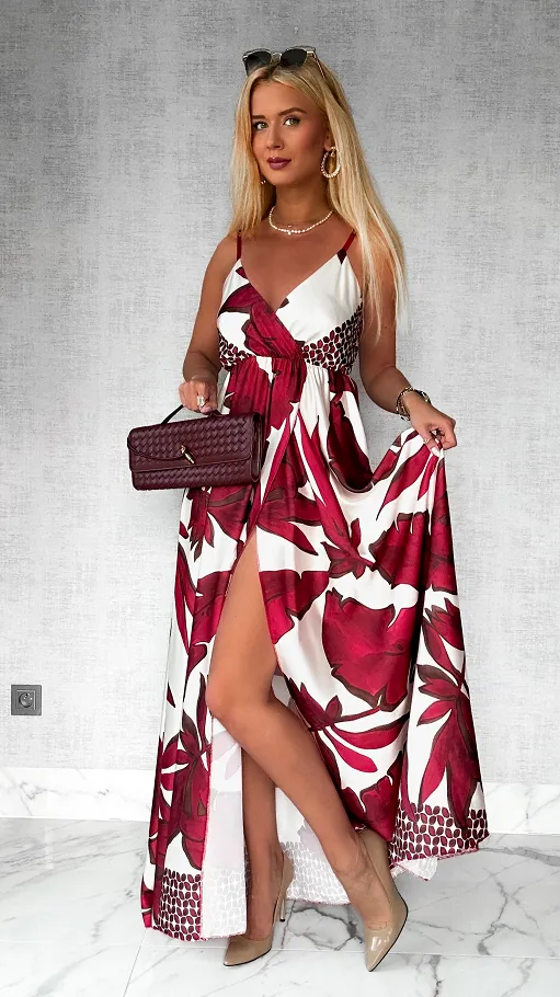 MAXI sukienka w bordowe kwiaty z pięknym rozcięciem ONE SIZE - P778