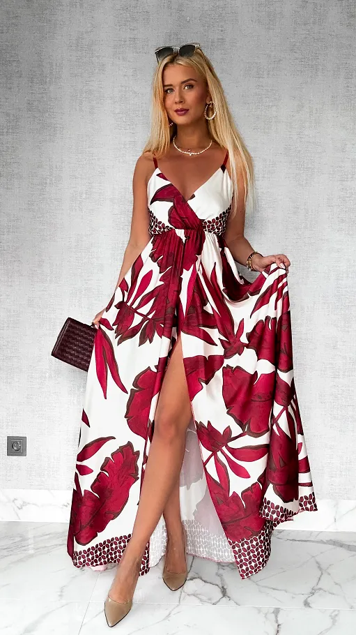 MAXI sukienka w bordowe kwiaty z pięknym rozcięciem ONE SIZE - P778