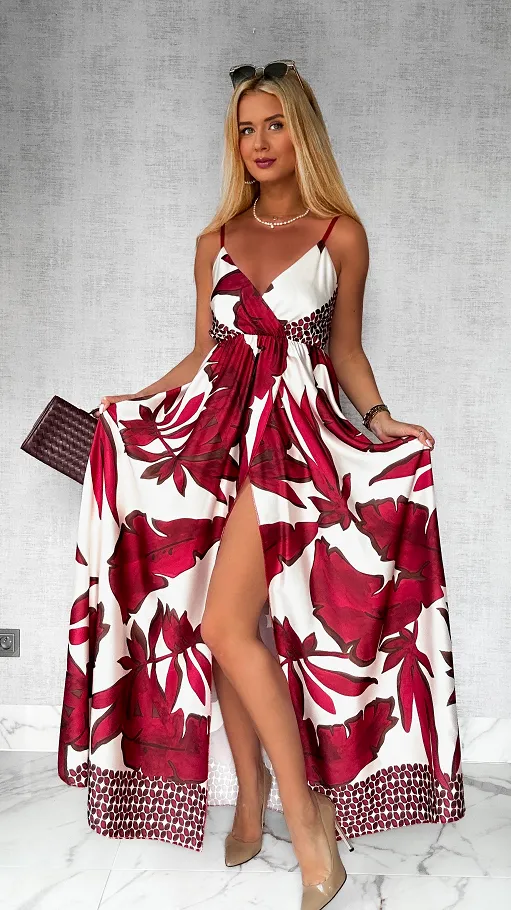 MAXI sukienka w bordowe kwiaty z pięknym rozcięciem ONE SIZE - P778