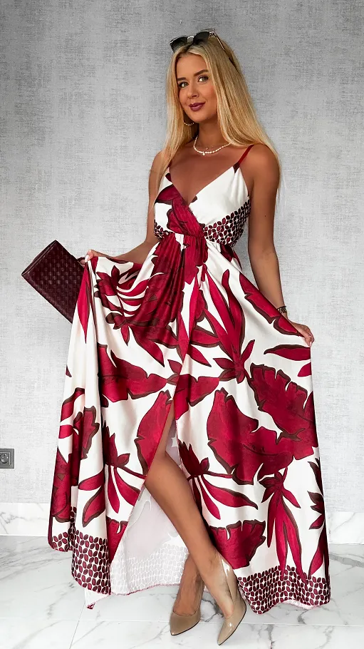 MAXI sukienka w bordowe kwiaty z pięknym rozcięciem ONE SIZE - P778