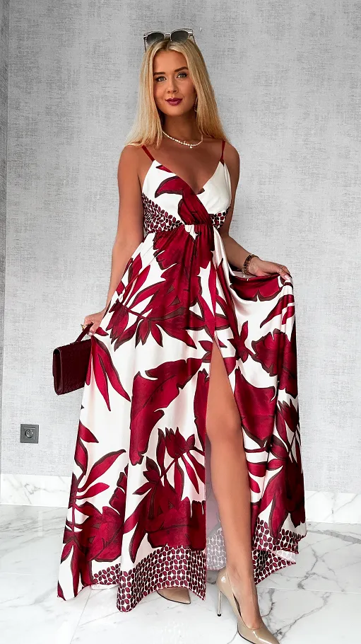 MAXI sukienka w bordowe kwiaty z pięknym rozcięciem ONE SIZE - P778