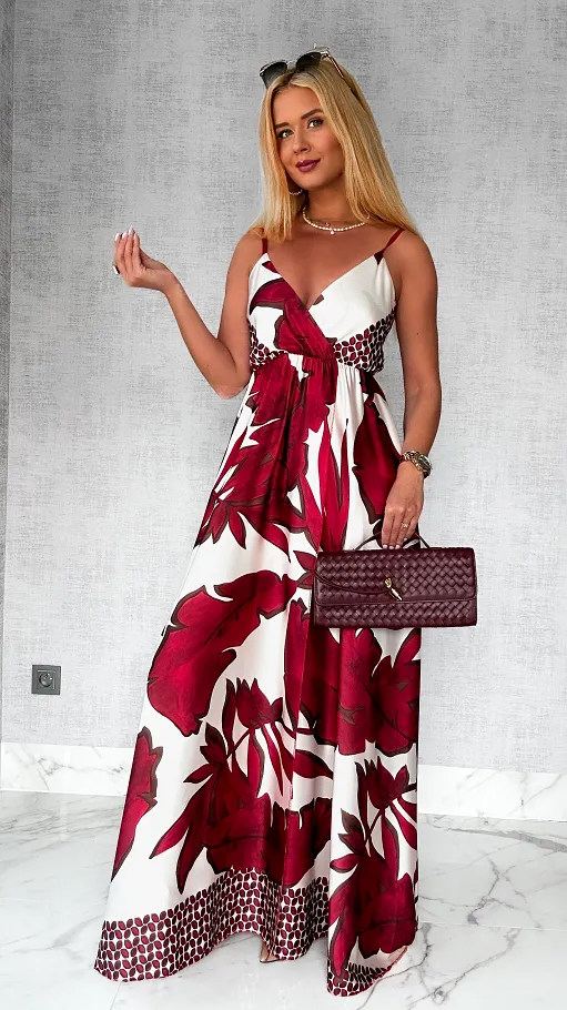 MAXI sukienka w bordowe kwiaty z pięknym rozcięciem ONE SIZE - P778