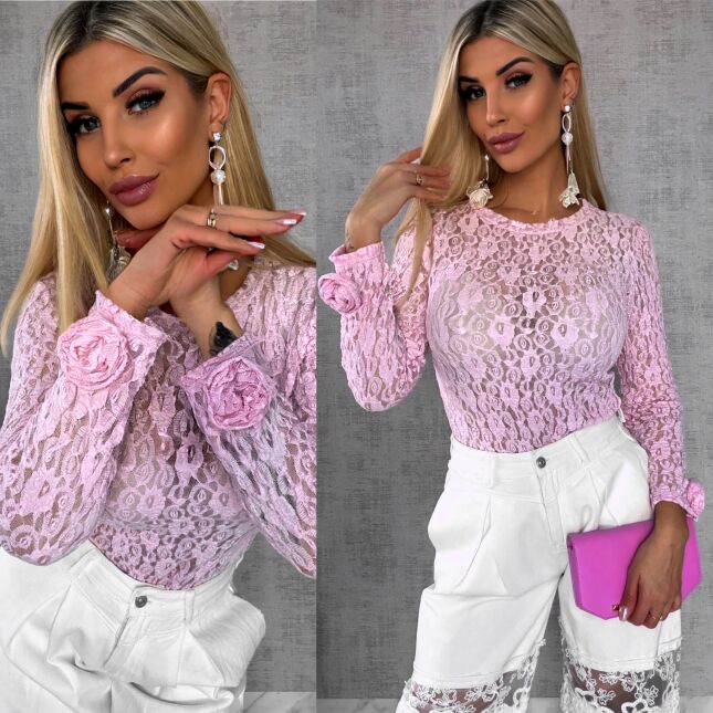 Różowa bluzka z koronki z różami na rękawach ONE SIZE - R558A