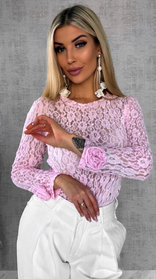 Różowa bluzka z koronki z różami na rękawach ONE SIZE - R558A