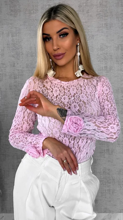 Różowa bluzka z koronki z różami na rękawach ONE SIZE - R558A