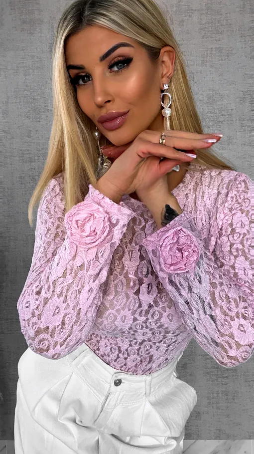 Różowa bluzka z koronki z różami na rękawach ONE SIZE - R558A