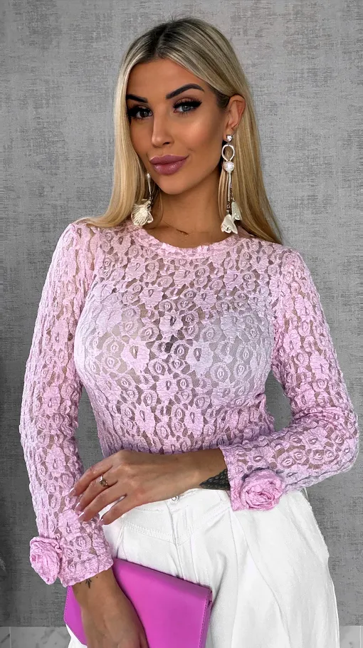 Różowa bluzka z koronki z różami na rękawach ONE SIZE - R558A