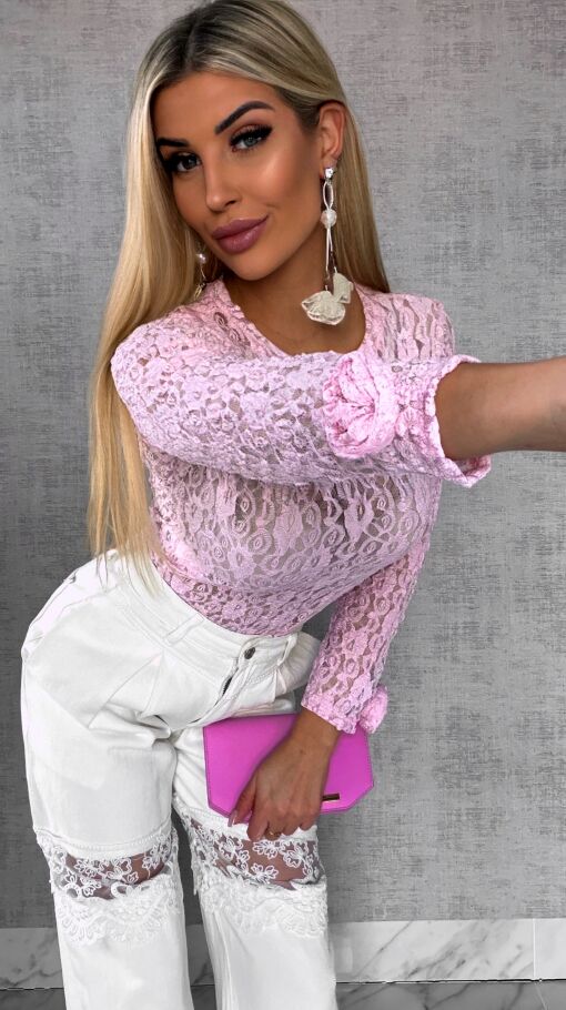 Różowa bluzka z koronki z różami na rękawach ONE SIZE - R558A