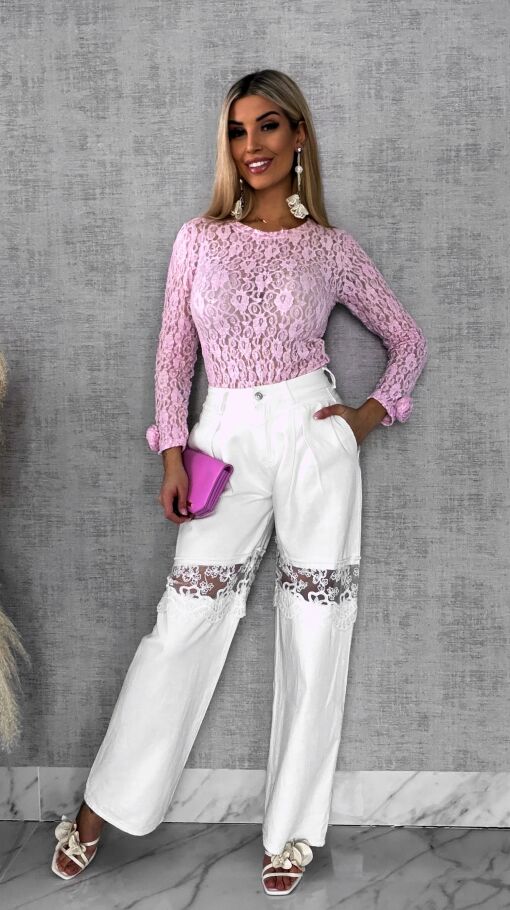 Różowa bluzka z koronki z różami na rękawach ONE SIZE - R558A