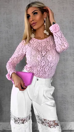 Różowa bluzka z koronki z różami na rękawach ONE SIZE - R558A