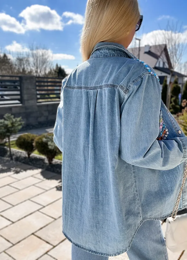 Jeansowa koszula zapinana na BUTONY zdobiona kolorowymi kamieniami BLUE - M794