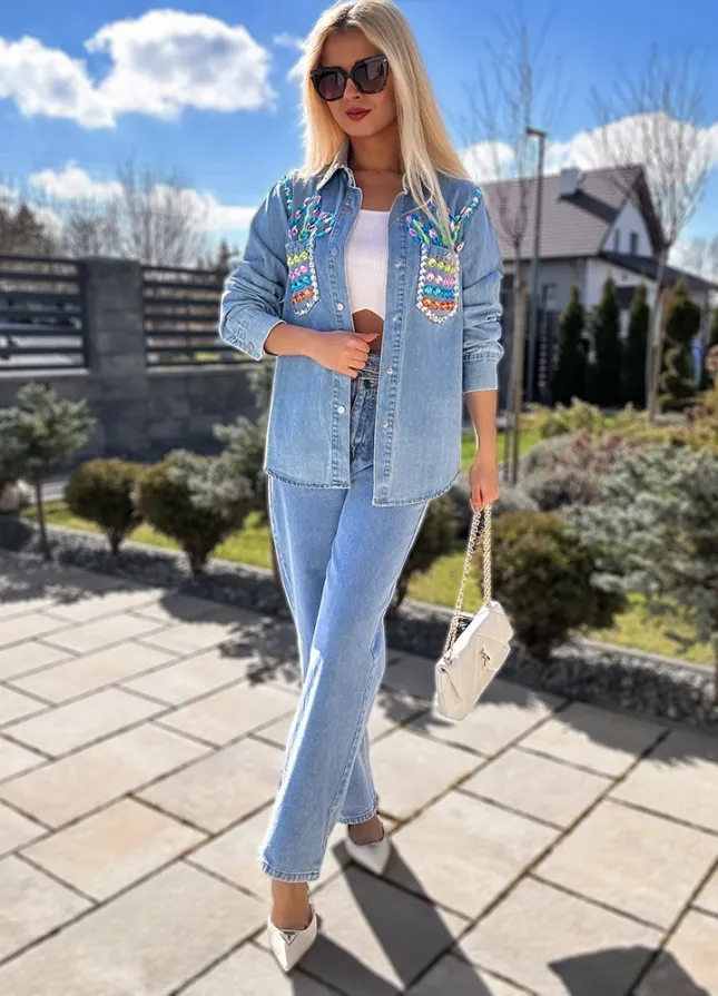 Jeansowa koszula zapinana na BUTONY zdobiona kolorowymi kamieniami BLUE - M794