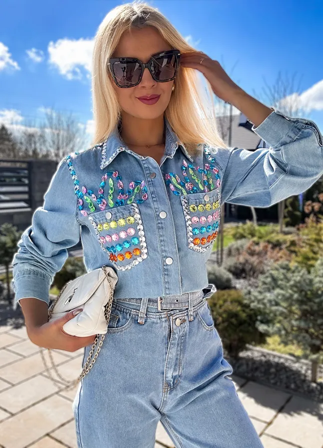 Jeansowa koszula zapinana na BUTONY zdobiona kolorowymi kamieniami BLUE - M794