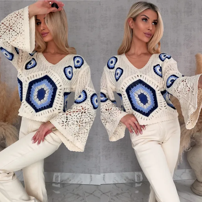 Mega modny ażurowy sweterek w szydełkowym stylu GRANATOWY z ecru - R659B