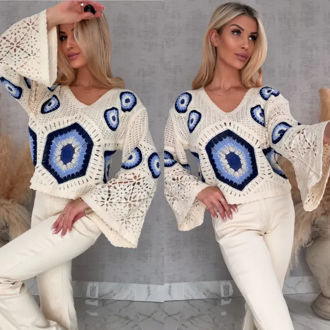 Mega modny ażurowy sweterek w szydełkowym stylu GRANATOWY z ecru - R659B