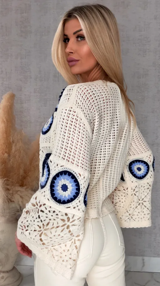 Mega modny ażurowy sweterek w szydełkowym stylu GRANATOWY z ecru - R659B