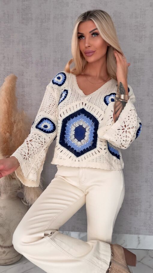 Mega modny ażurowy sweterek w szydełkowym stylu GRANATOWY z ecru - R659B