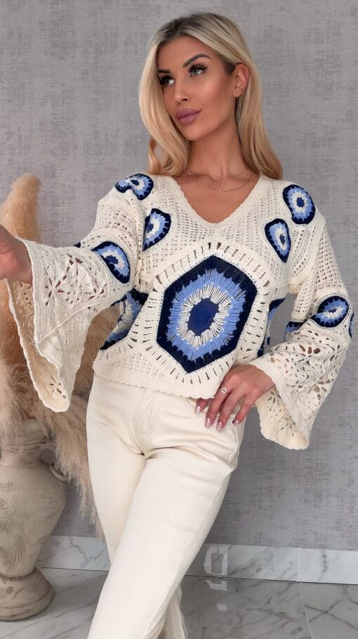 Mega modny ażurowy sweterek w szydełkowym stylu GRANATOWY z ecru - R659B