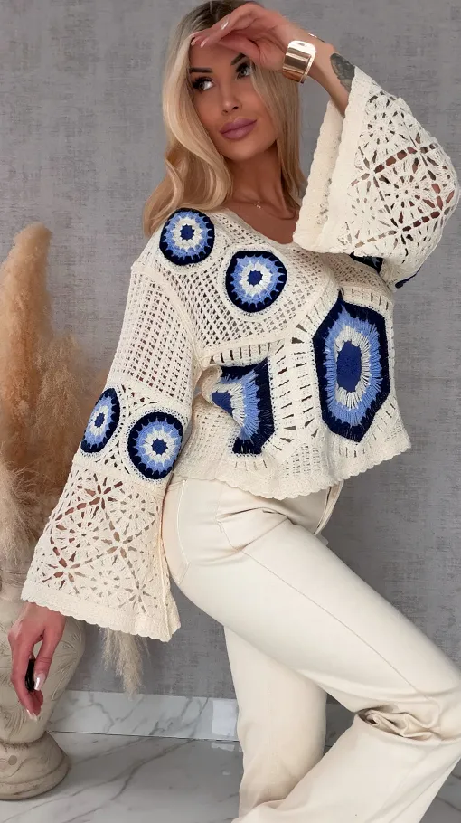 Mega modny ażurowy sweterek w szydełkowym stylu GRANATOWY z ecru - R659B
