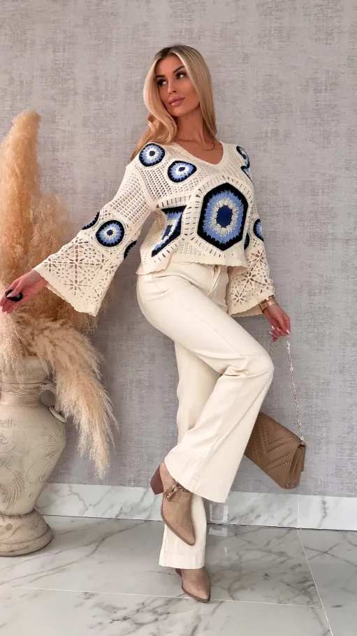 Mega modny ażurowy sweterek w szydełkowym stylu GRANATOWY z ecru - R659B