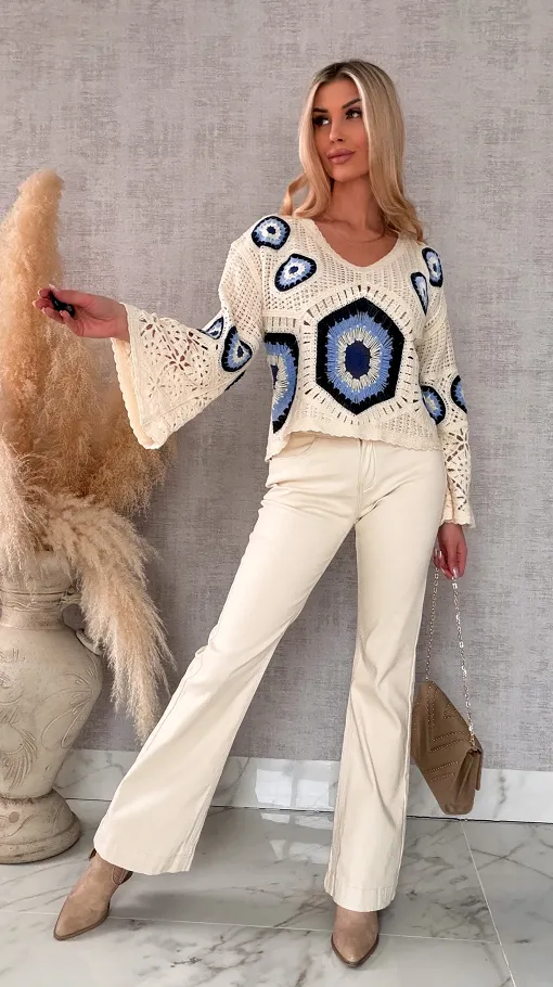 Mega modny ażurowy sweterek w szydełkowym stylu GRANATOWY z ecru - R659B