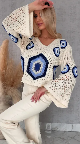 Mega modny ażurowy sweterek w szydełkowym stylu GRANATOWY z ecru - R659B