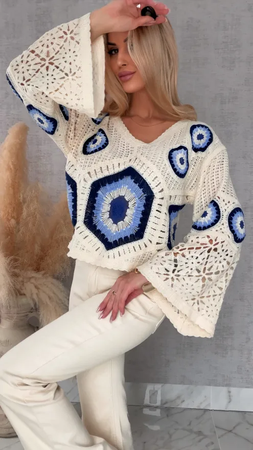 Mega modny ażurowy sweterek w szydełkowym stylu GRANATOWY z ecru - R659B