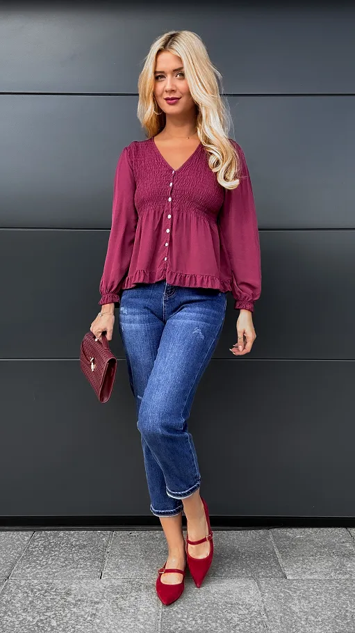 Piękna bordowa bluzka na guziki ONE SIZE 100% wiskoza - P971