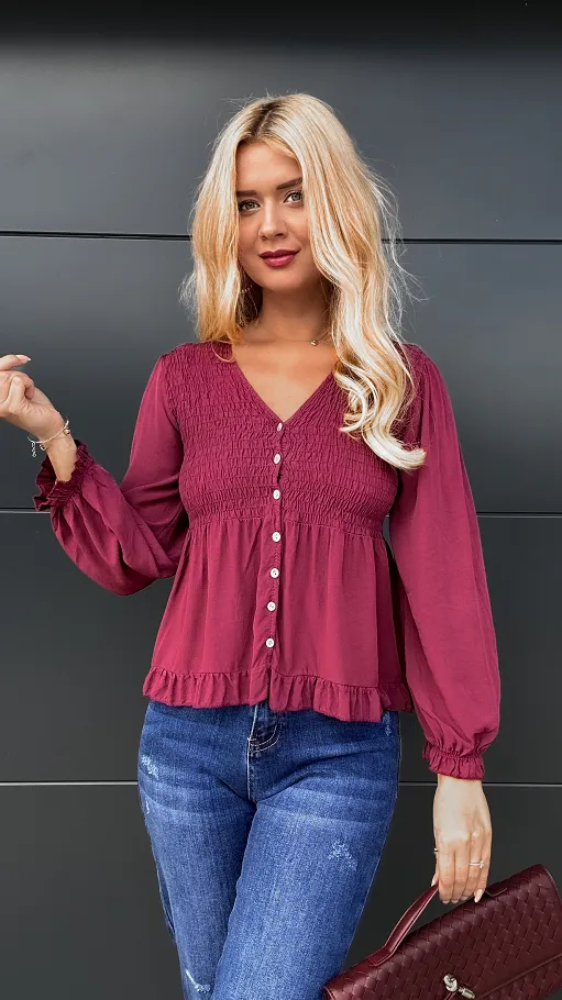 Piękna bordowa bluzka na guziki ONE SIZE 100% wiskoza - P971