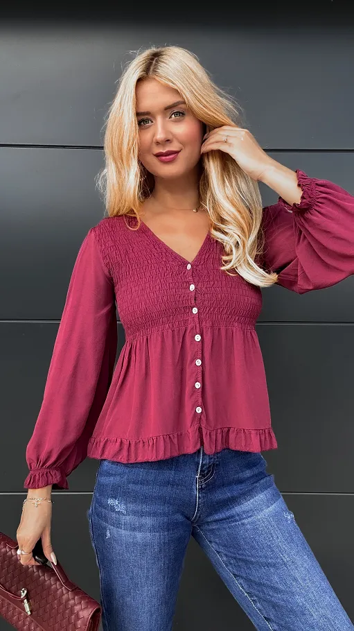 Piękna bordowa bluzka na guziki ONE SIZE 100% wiskoza - P971