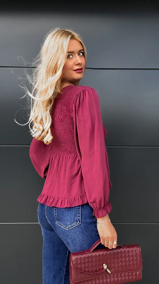 Piękna bordowa bluzka na guziki ONE SIZE 100% wiskoza - P971