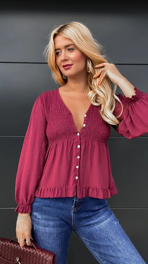 Piękna bordowa bluzka na guziki ONE SIZE 100% wiskoza - P971