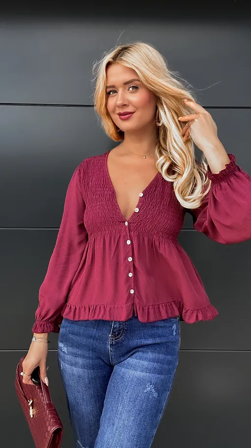 Piękna bordowa bluzka na guziki ONE SIZE 100% wiskoza - P971