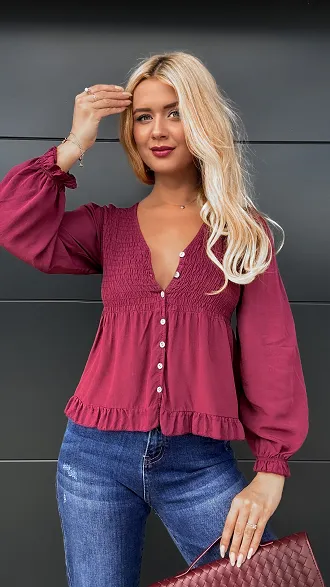 Piękna bordowa bluzka na guziki ONE SIZE 100% wiskoza - P971