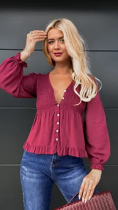 Piękna bordowa bluzka na guziki ONE SIZE 100% wiskoza - P971