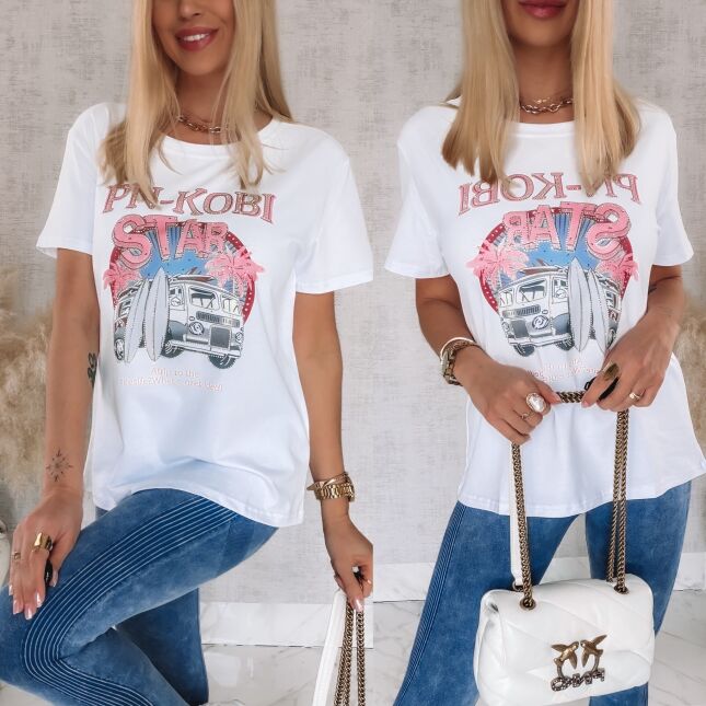 Bawełniana biała bluzka T-SHIRT z aplikacją surf STAR one size - R788