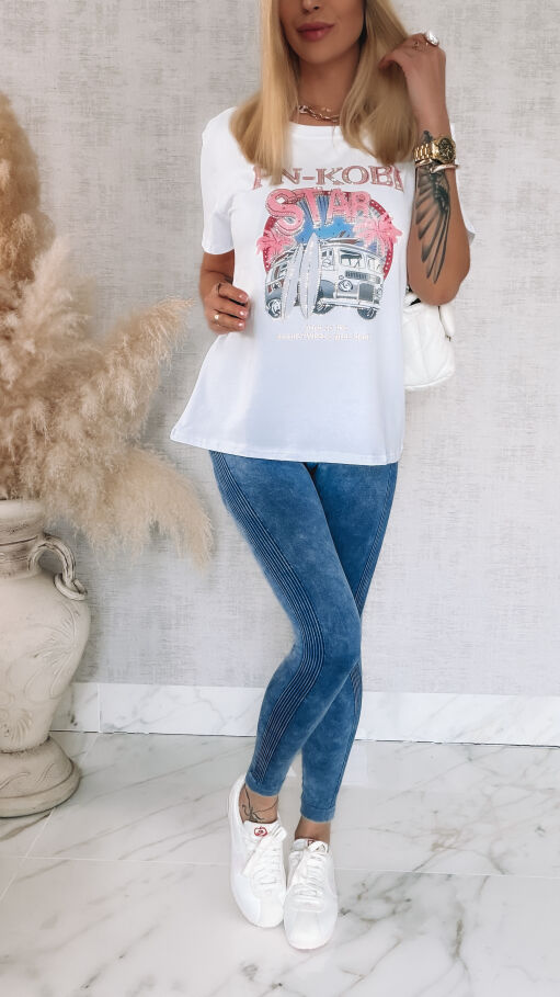 Bawełniana biała bluzka T-SHIRT z aplikacją surf STAR one size - R788