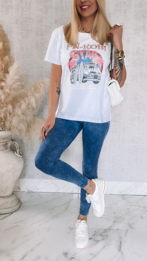 Bawełniana biała bluzka T-SHIRT z aplikacją surf STAR one size - R788