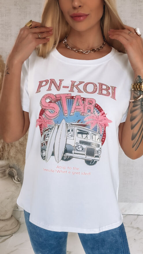 Bawełniana biała bluzka T-SHIRT z aplikacją surf STAR one size - R788