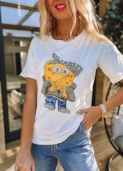 Bluzka t-shirt BOB perełki + cekiny BIAŁA - K222A