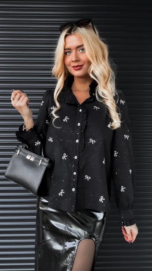 Czarna bawełniana koszulowa haftowana w kokardki ONE SIZE - R278A