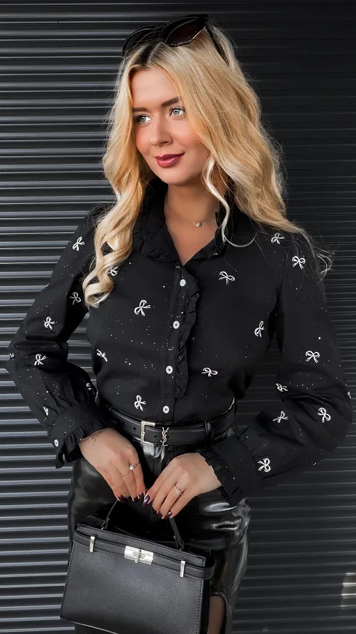 Czarna bawełniana koszulowa haftowana w kokardki ONE SIZE - R278A