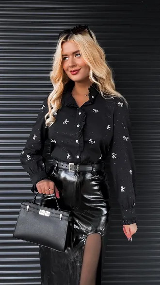 Czarna bawełniana koszulowa haftowana w kokardki ONE SIZE - R278A