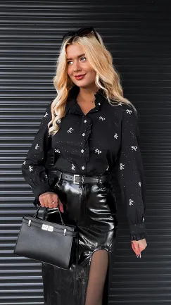 Czarna bawełniana koszulowa haftowana w kokardki ONE SIZE - R278A