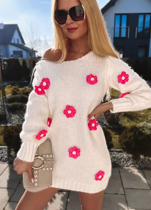 Sukienka sweterekowa w różowe kwiatuszki BIAŁA - L737A