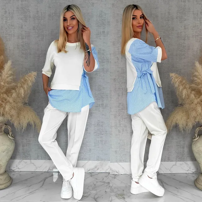 Oryginalny komplet ECRU z koszulową wstawką bluza + spodnie ONE SIZE - R893A