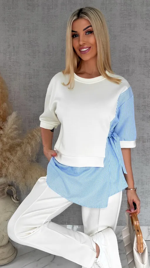 Oryginalny komplet ECRU z koszulową wstawką bluza + spodnie ONE SIZE - R893A